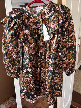 SOMETHING NAVY Black combo Floral Ruffle Dress with Pink & Orange Blooms, S